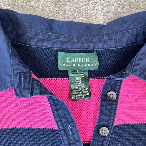 Lauren Ralph Lauren Pink Navy Blue Striped Collared V-Neck Sweater (Sz L) - Picture 6 of 14